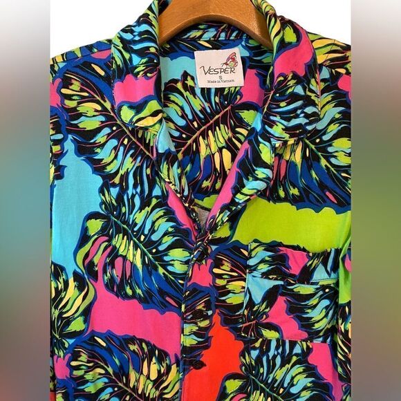 Vespa Sz S Lime Green Fuschia Pink Tropical Palm Leaves 2-Piece Loungewear PJ’s - Picture 5 of 10